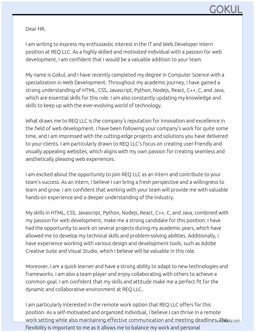 It and Web Developer Intern At REQ LLC Cover Letter