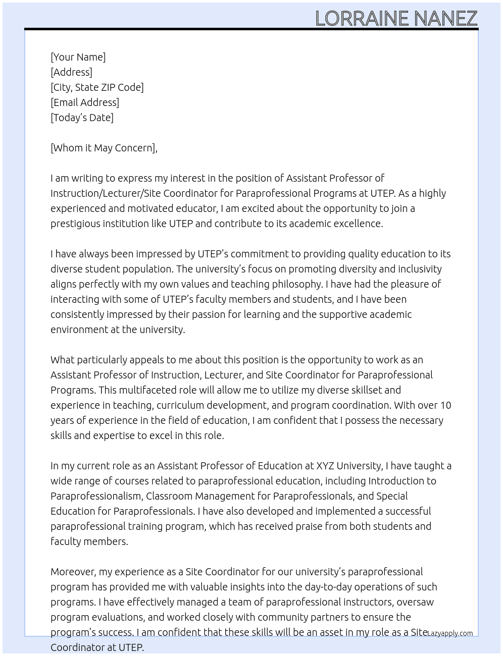 Assistant Professor of Instruction/Lecturer/Site Coordinator for Paraprofessional Programs At UTEP Cover Letter