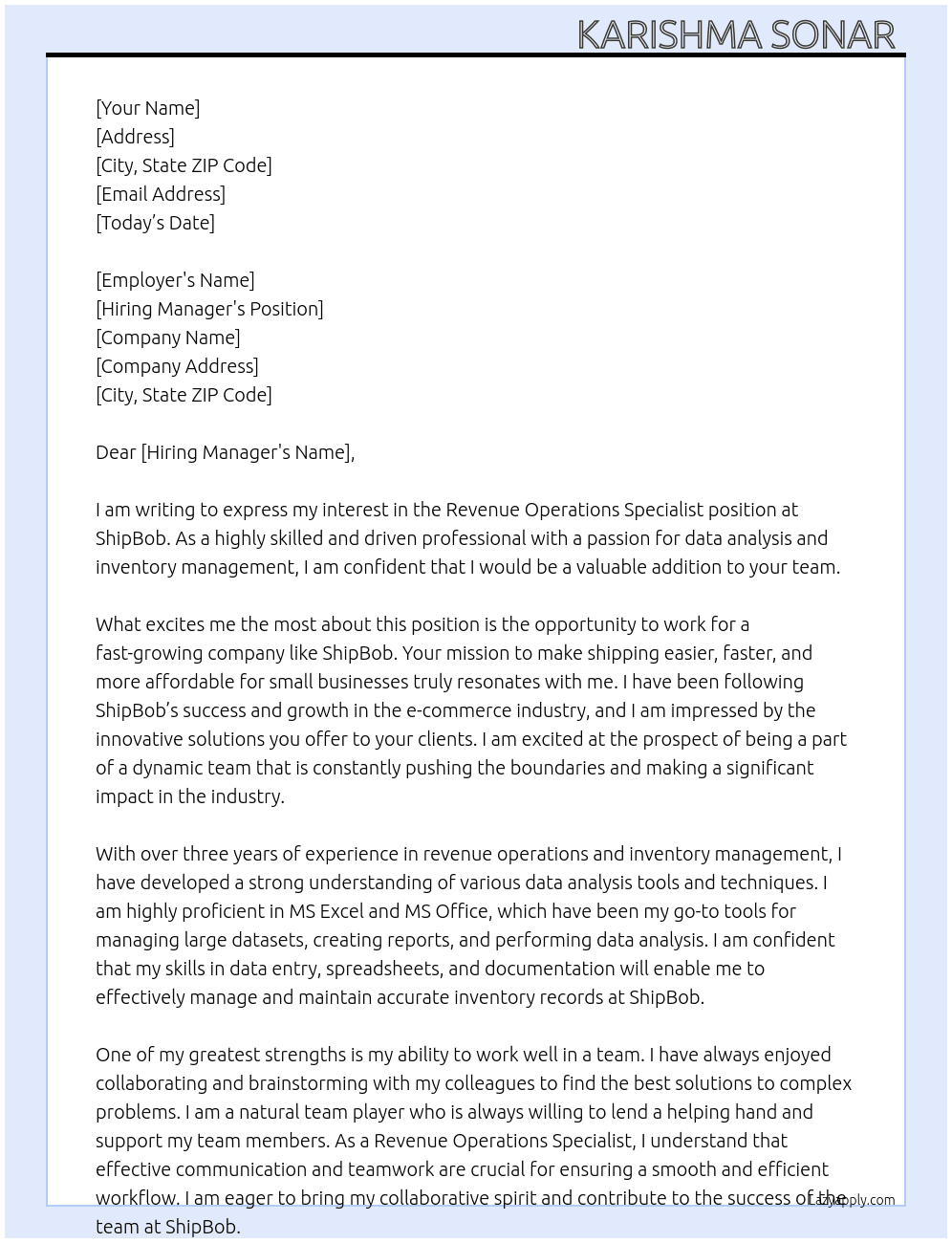 Revenue Operations Specialist  At ShipBob  Cover Letter
