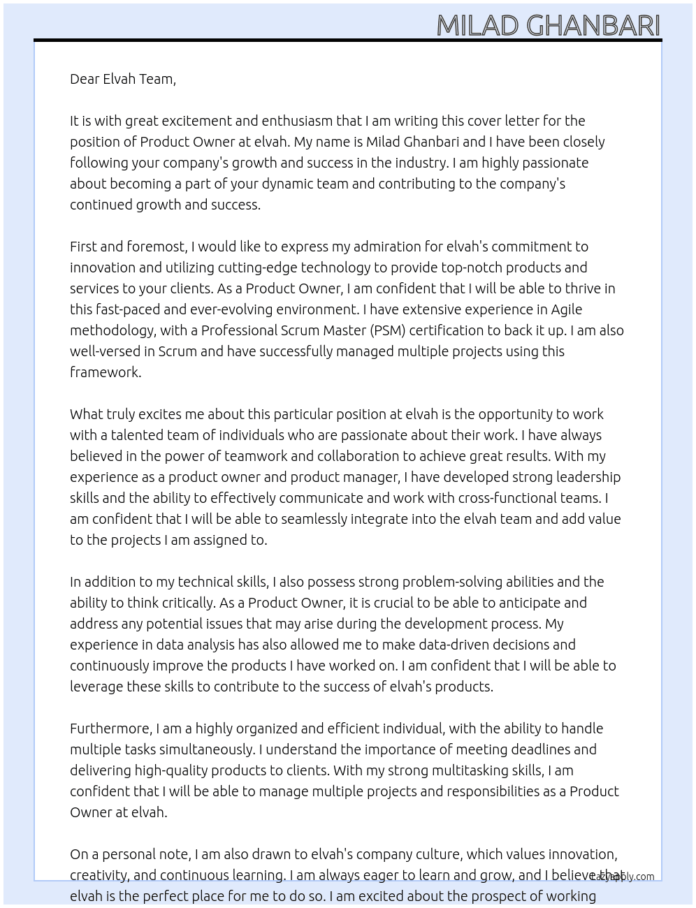 Product Owner  At elvah Cover Letter