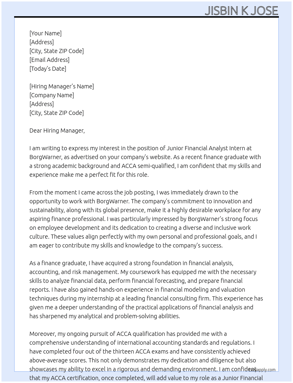 Junior Financial Analyst Intern At BorgWarner Cover Letter