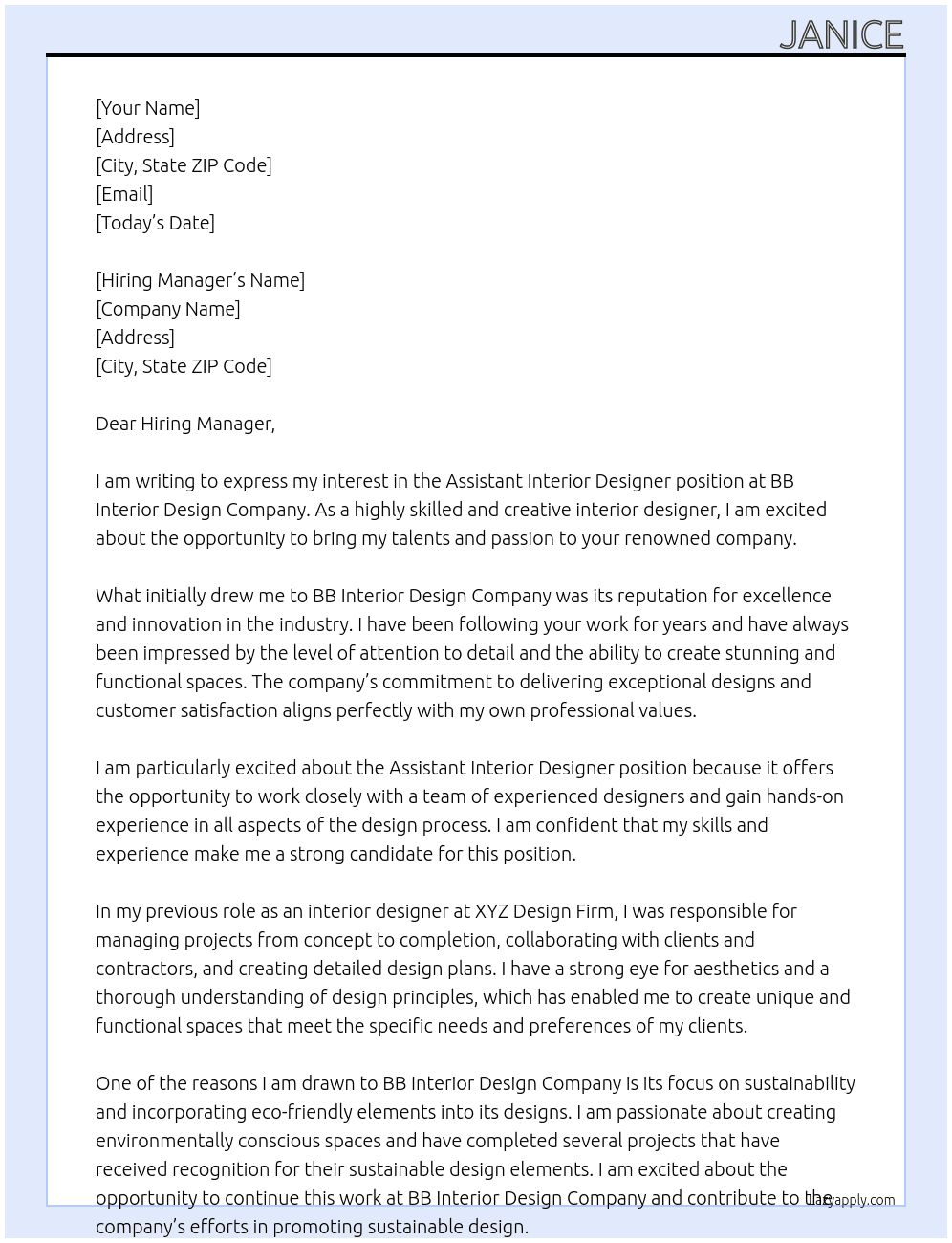 Assistant Interior Designer At BB interior design Company Cover Letter