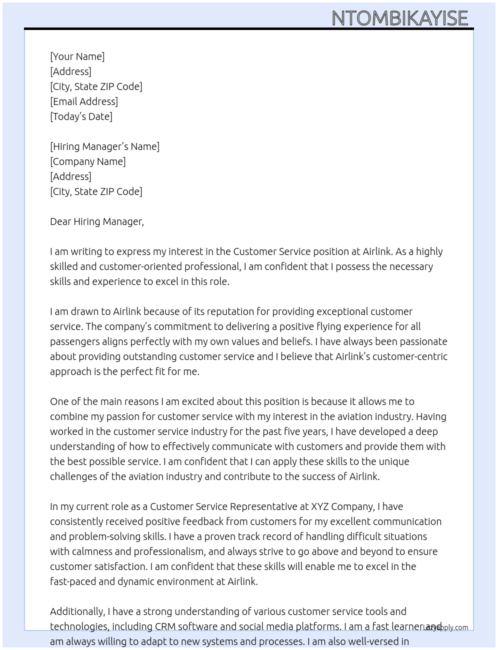 Customer service  At Airlink Cover Letter