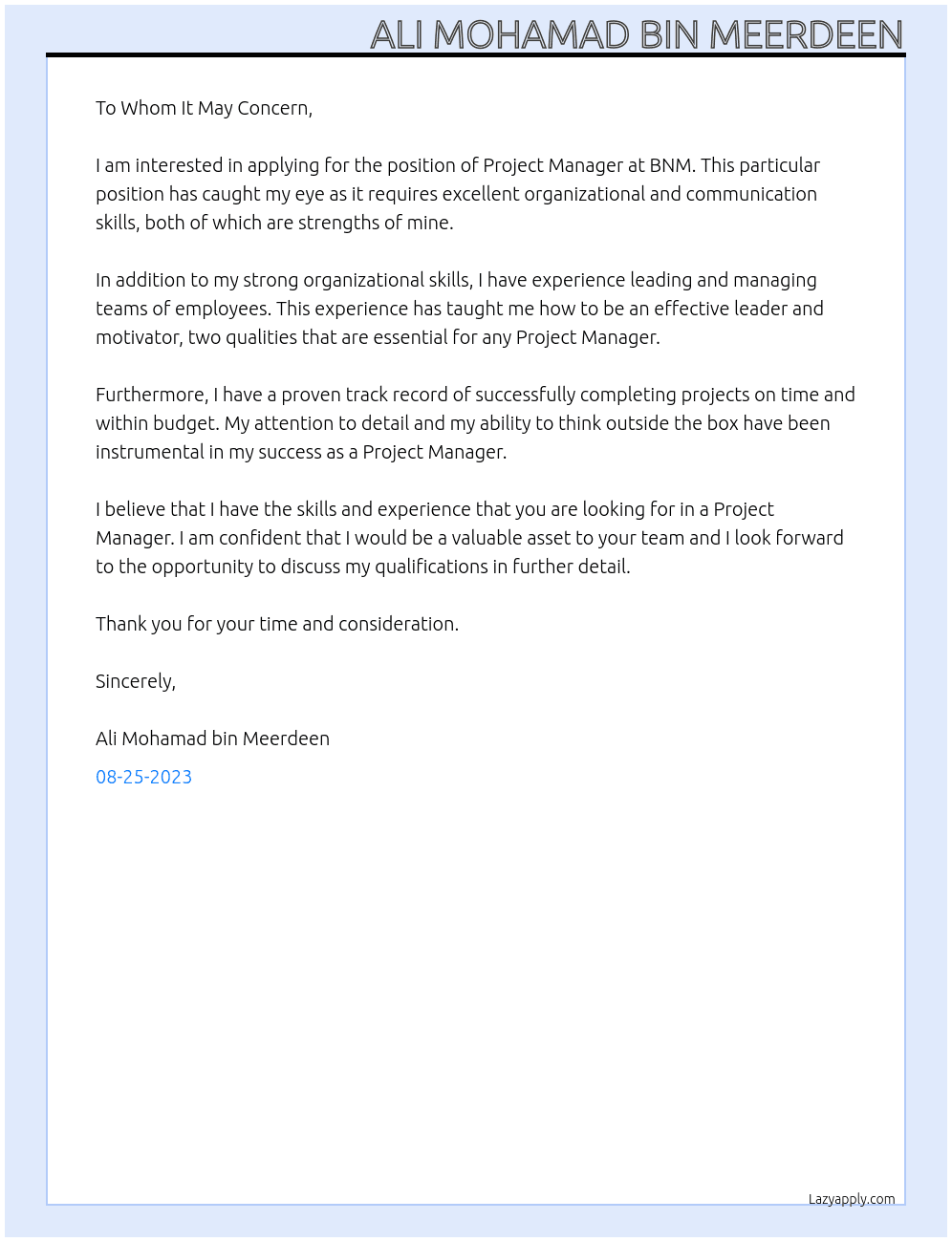 Project Manager At BNM Cover Letter