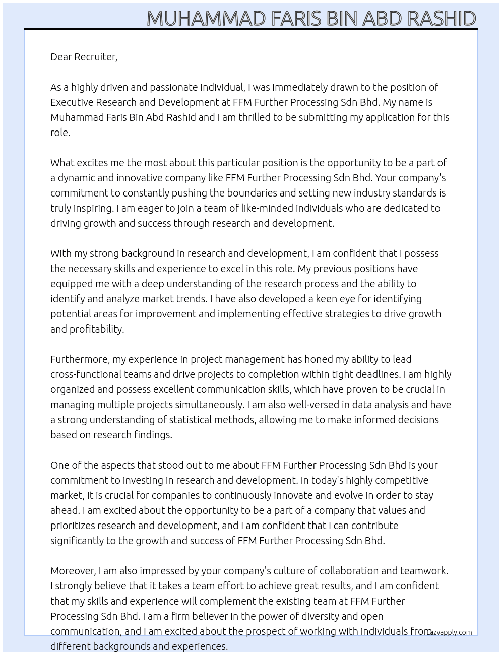 Executive research and development At FFM Further Processing Sdn Bhd Cover Letter