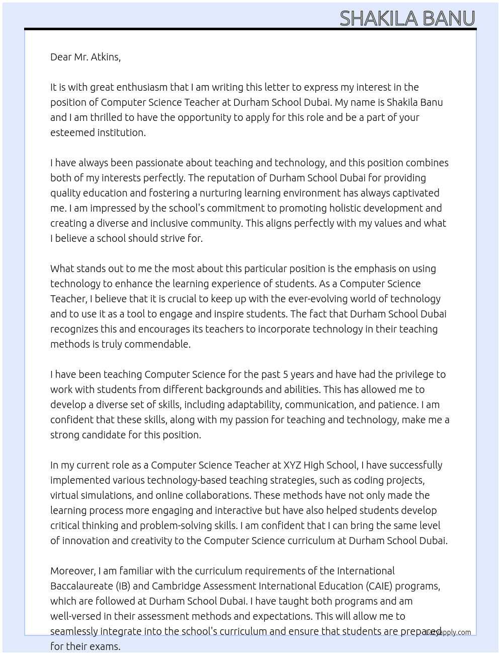 Computer Science Teacher At Durham School Dubai Cover Letter
