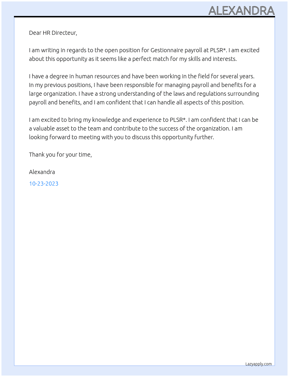 Gestionnaire payroll At PLSR* Cover Letter