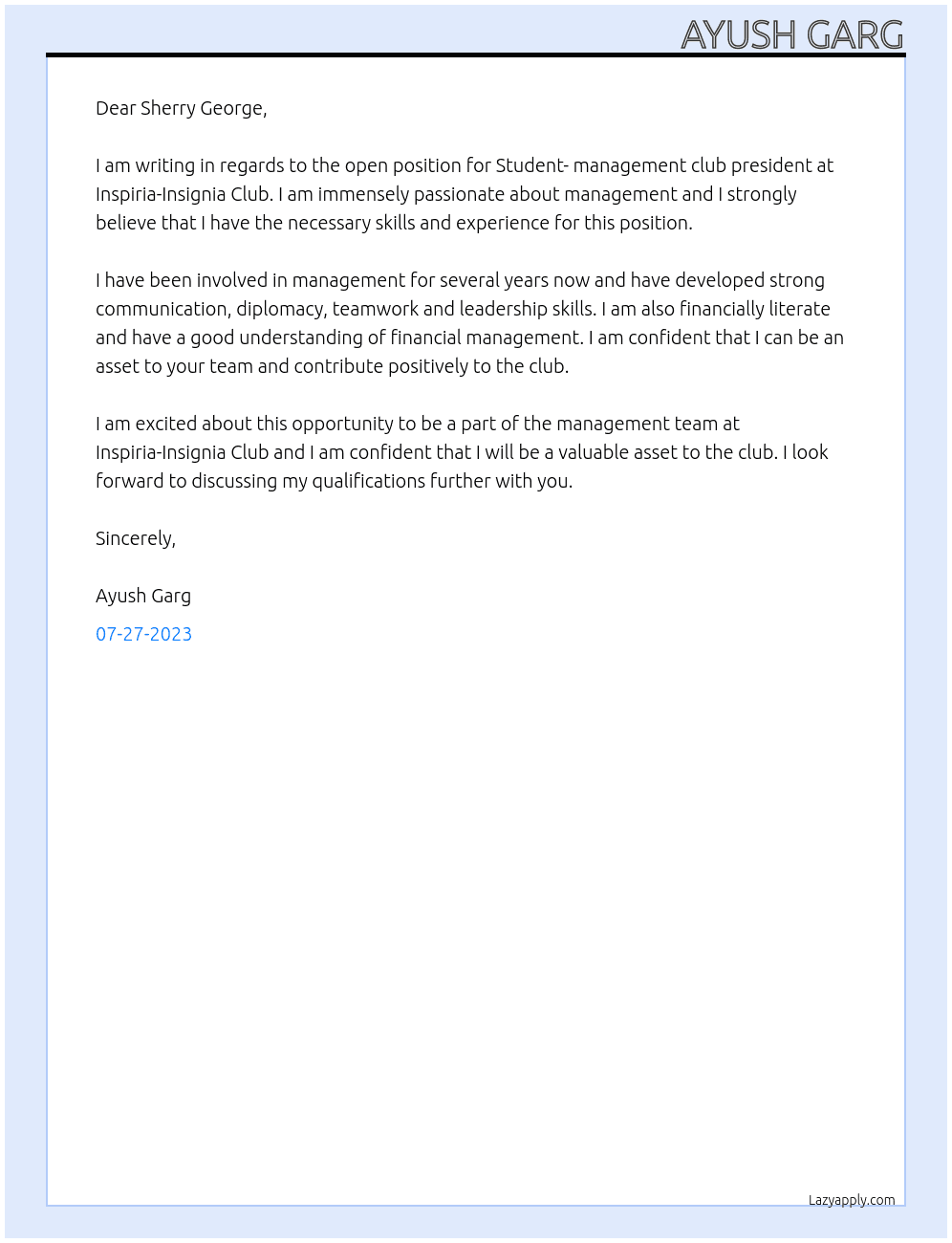 Student- management club president  At Inspiria-Insignia Club Cover Letter