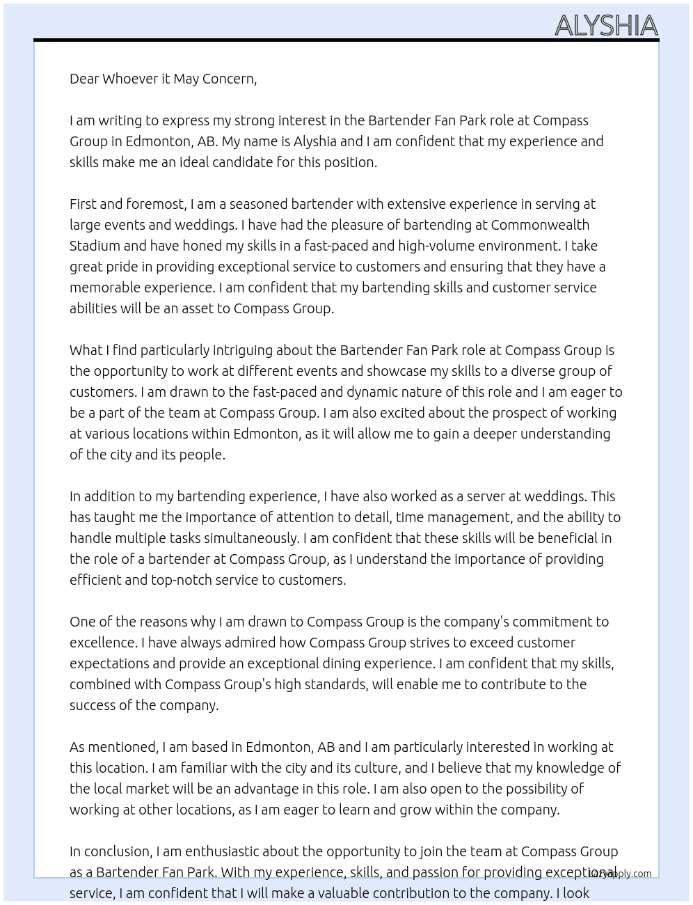 Bartender At Compass group Cover Letter