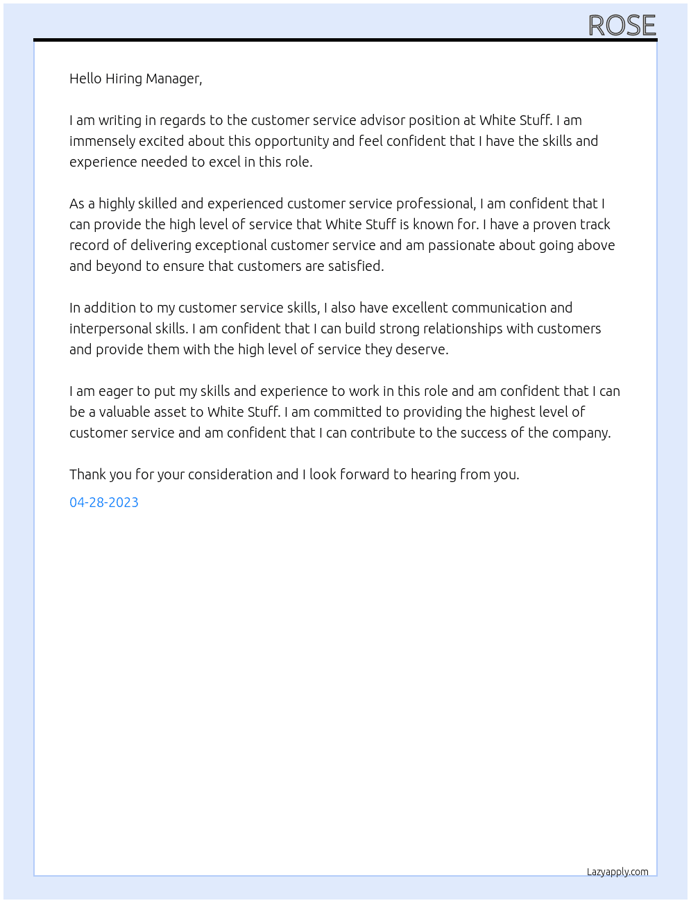 customer service advisor  At white stuff Cover Letter
