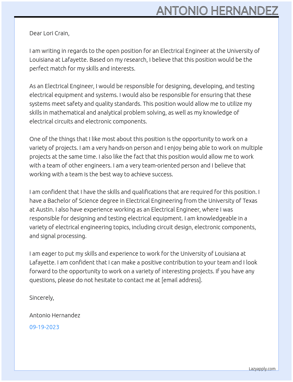 Electrical Engineering  At University of Louisiana at Lafayette  Cover Letter