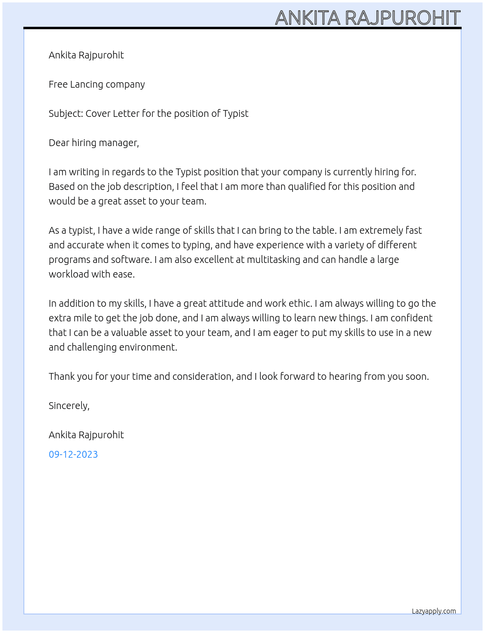 typist At free lancing company Cover Letter