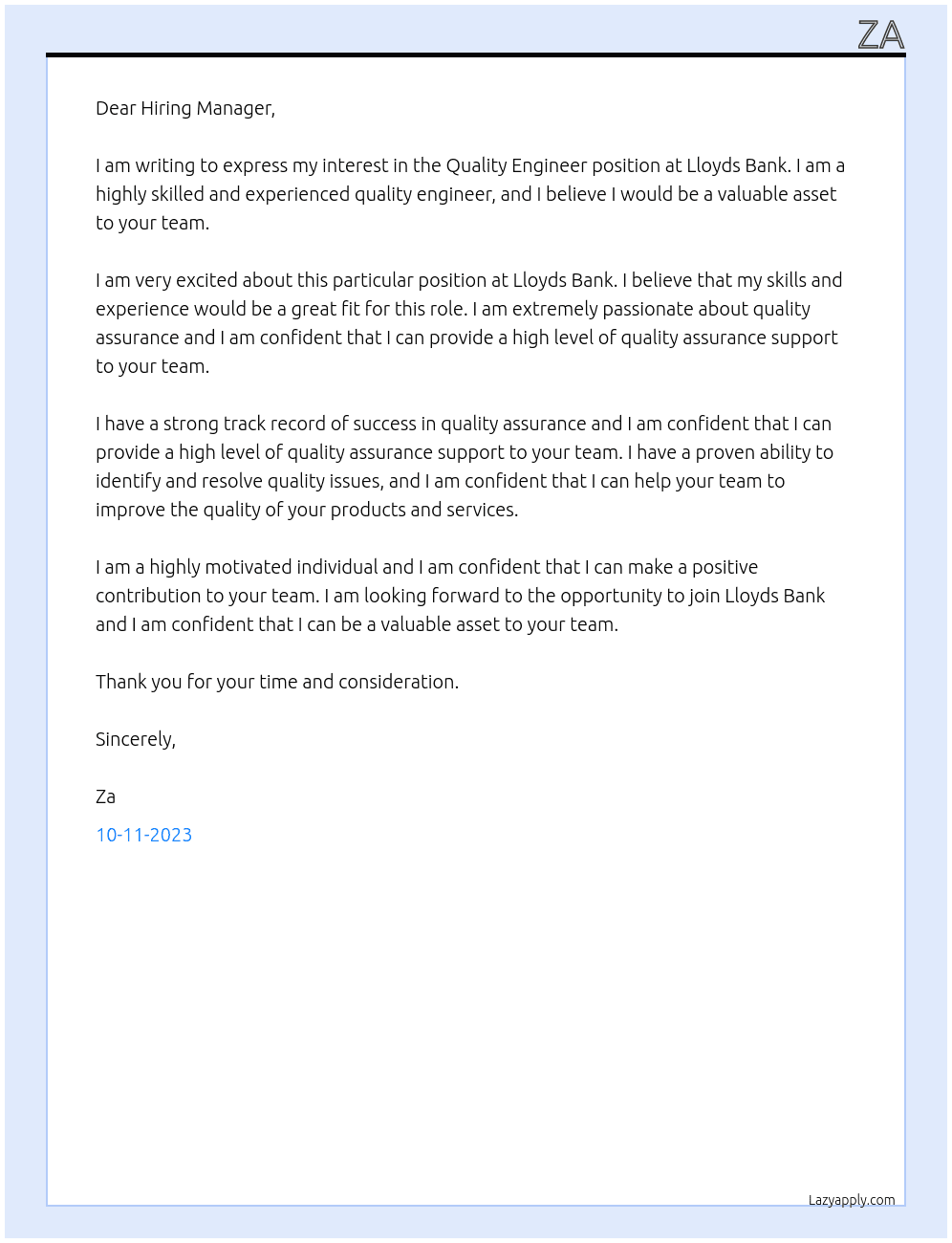 Quality Engineer At Lloyds Bank Cover Letter