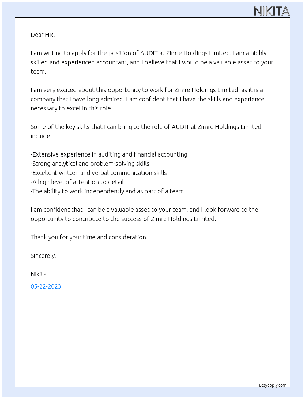 AUDIT At ZIMRE HOLDINGS LIMITED Cover Letter