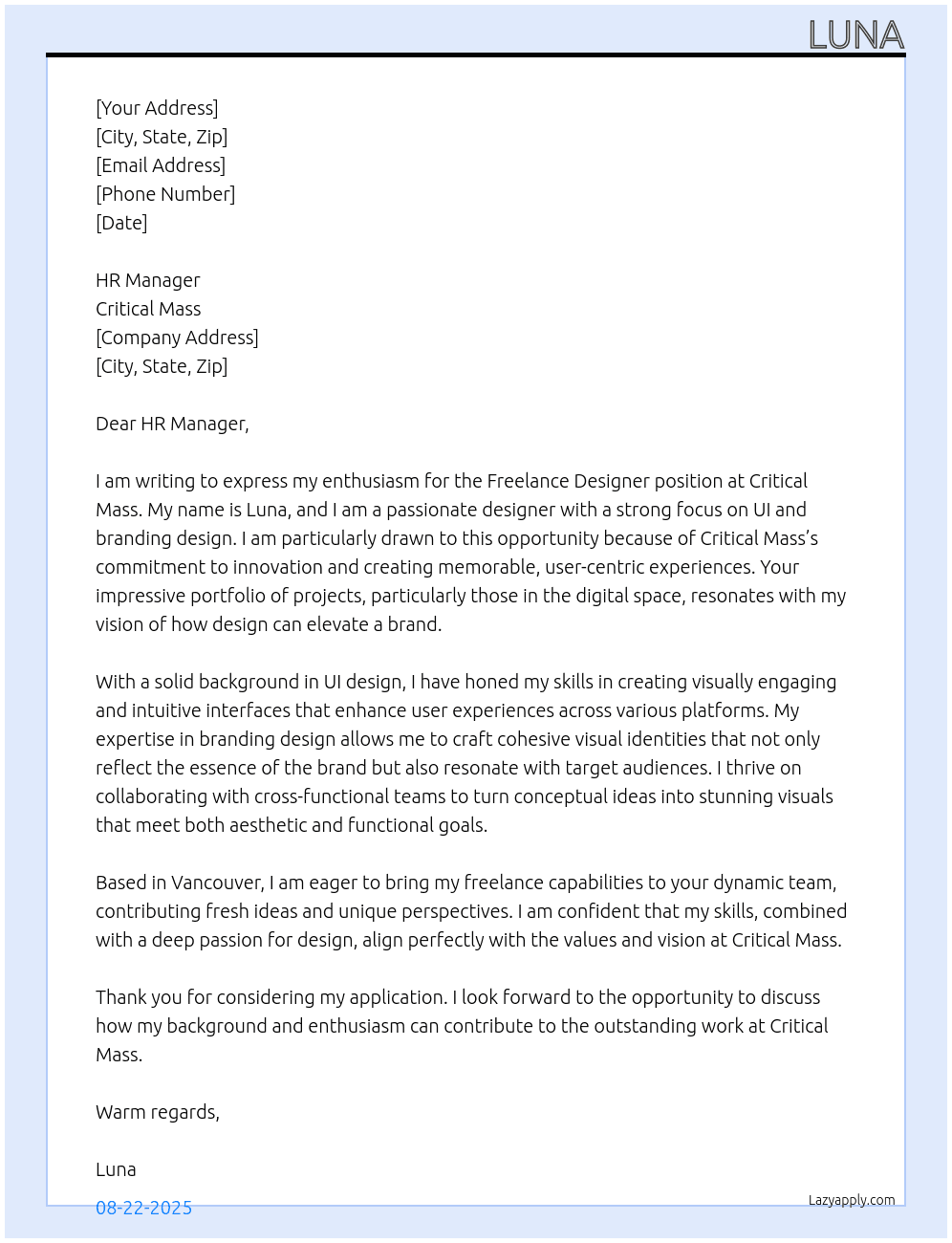 Freelance Designer At Critical Mass Cover Letter