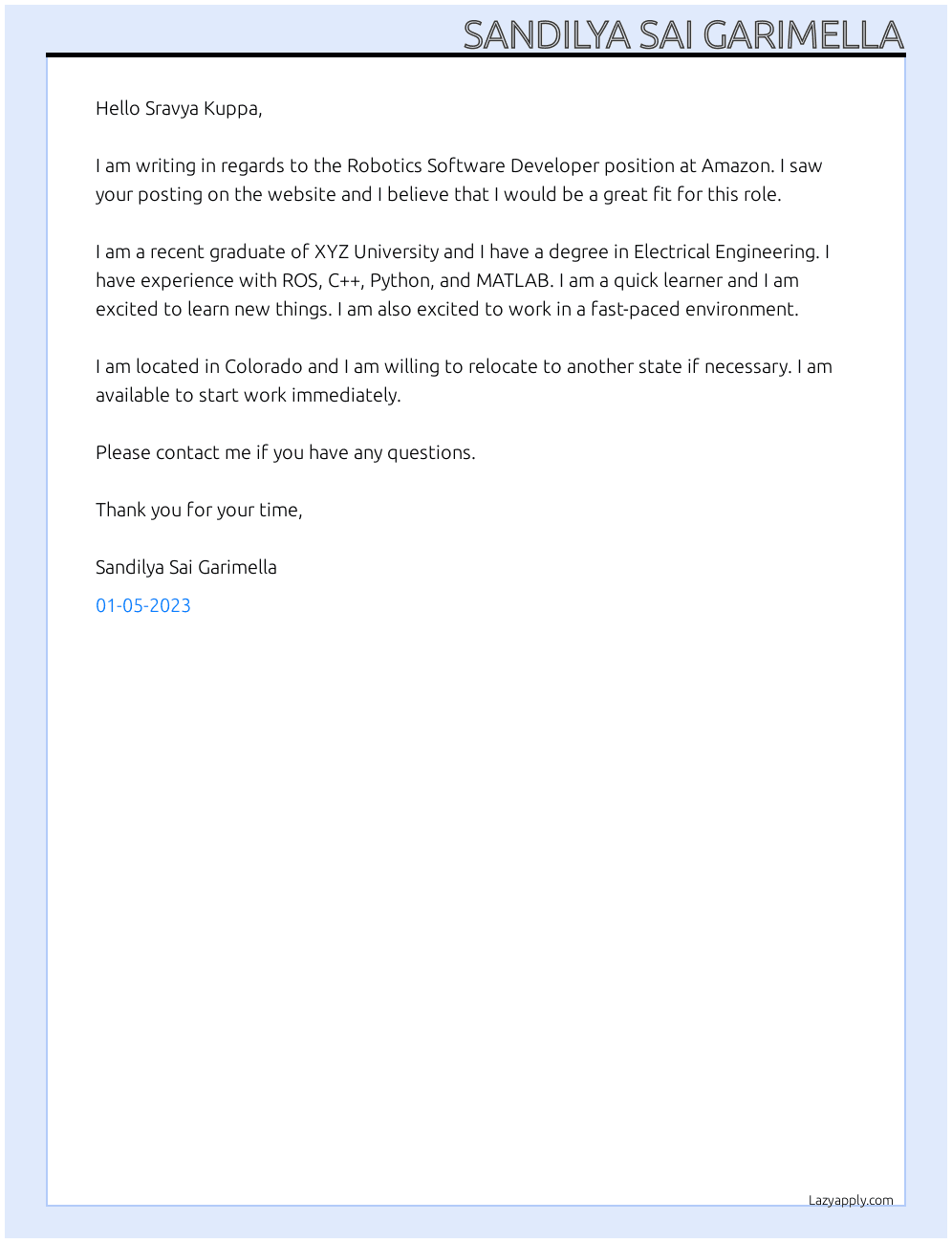 Cover letter for robotics software developer - LazyApply