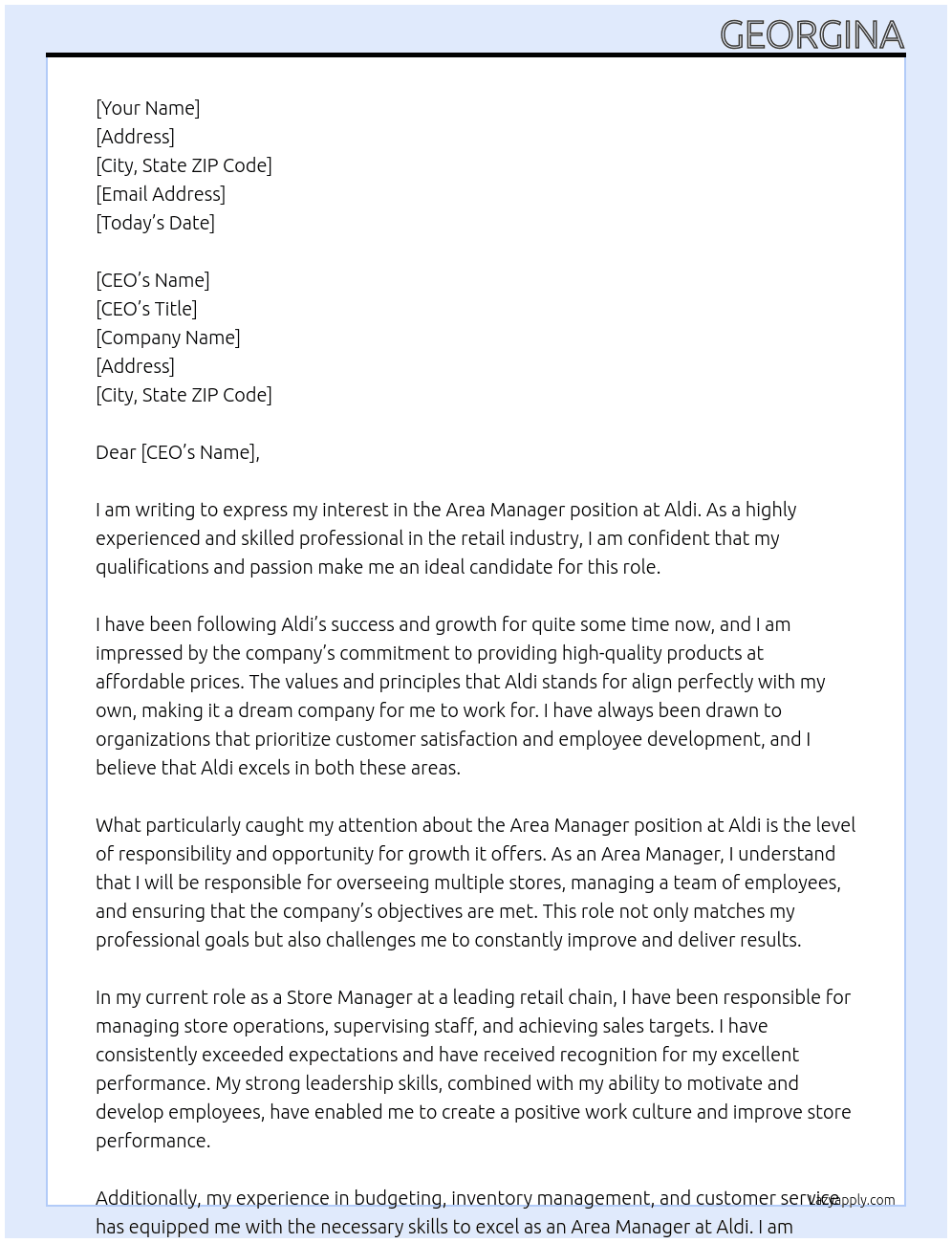 Area Manager At Aldi Cover Letter