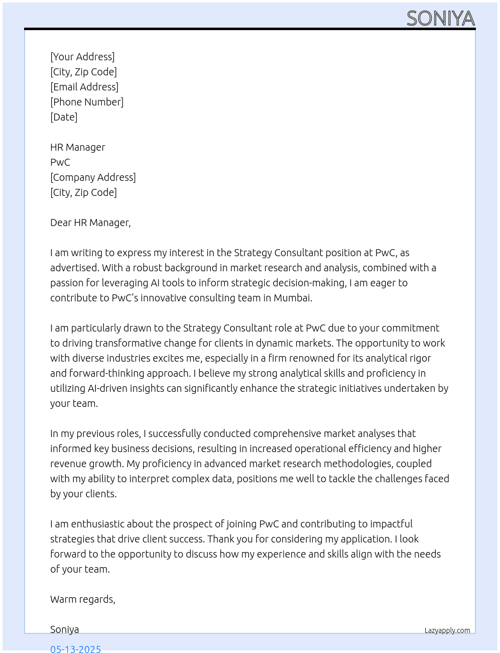 Strategy Consultant At PwC Cover Letter