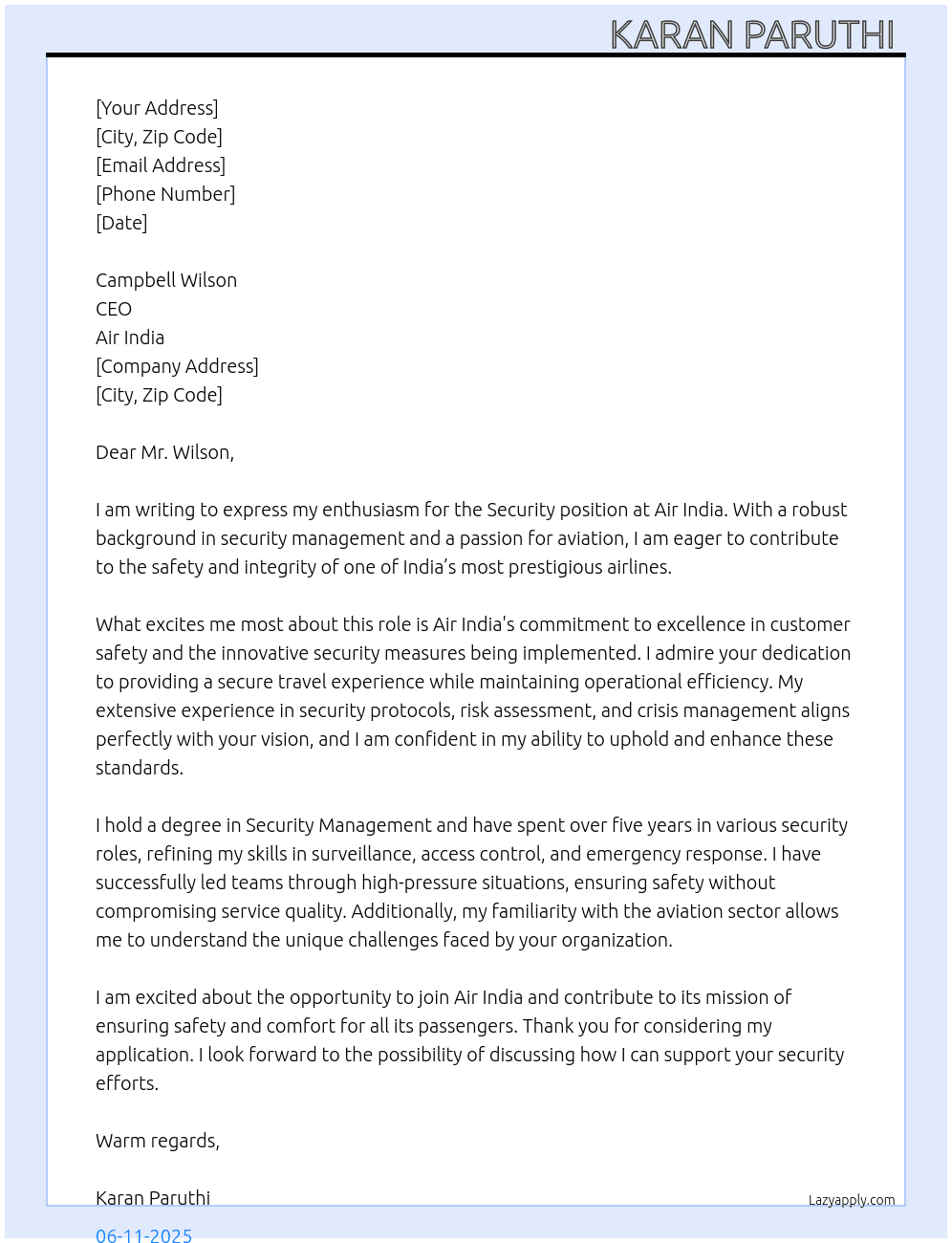 Security At Air India  Cover Letter