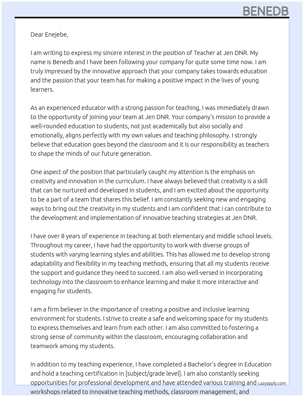Teacher  At Jen DNR  Cover Letter
