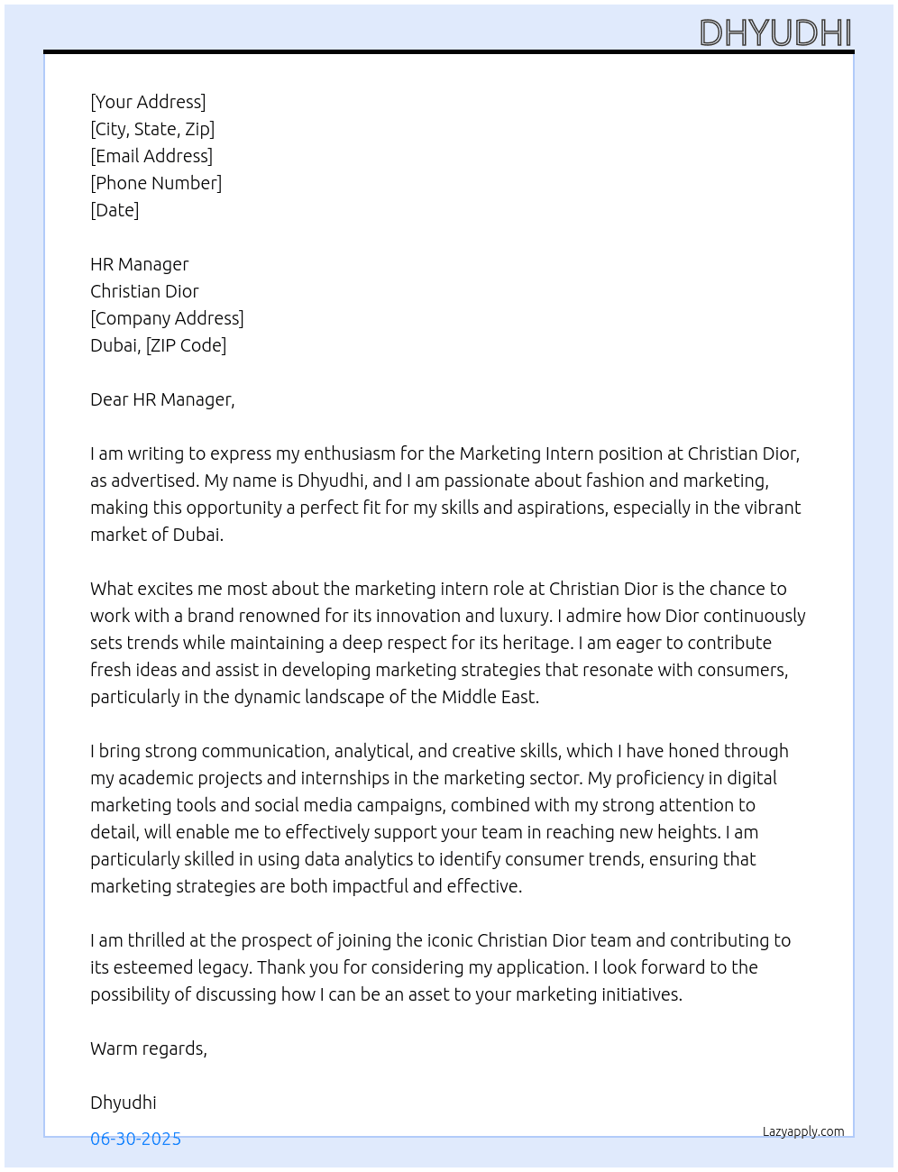 marketing intern At Christian Dior Cover Letter