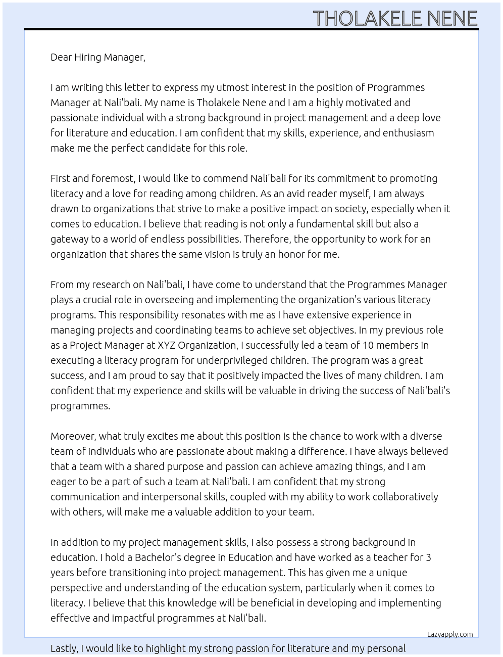 programmes manager  At Nali'bali Cover Letter