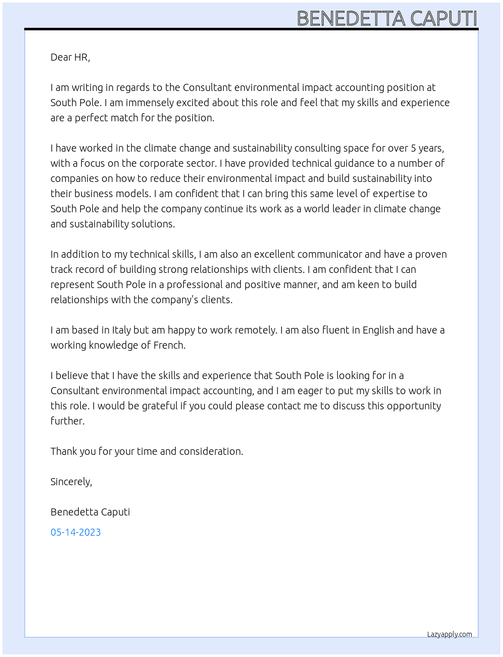 Consultant environmental impact accounting At South Pole Cover Letter