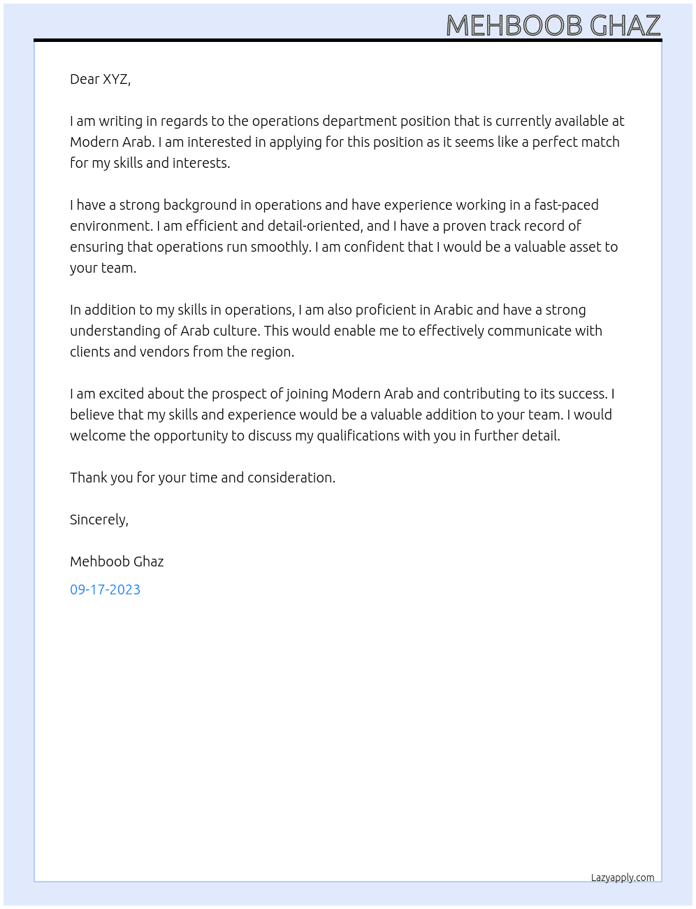 Operations department At Modern Arab Cover Letter