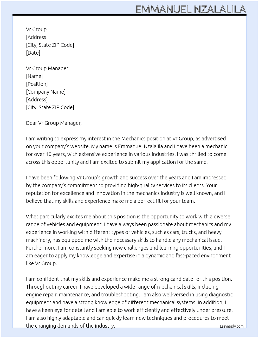 Mechanics At Vr group Cover Letter