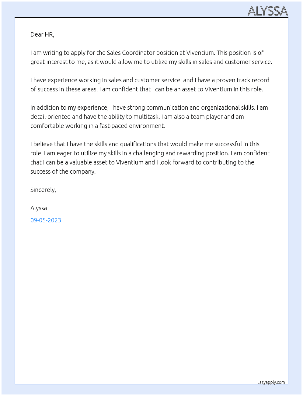 Sales Coordinator At viventium Cover Letter