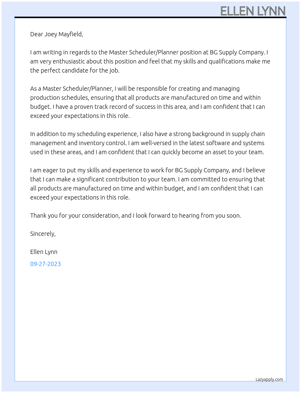 master scheduler/ planner At bg supply company Cover Letter