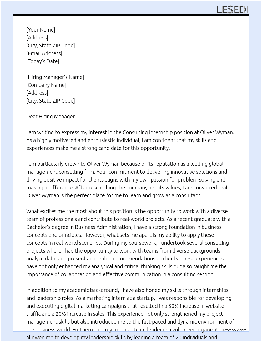 Consulting internship  At Oliver Wyman Cover Letter