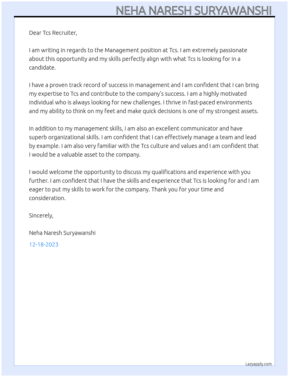 Management  At Tcs Cover Letter