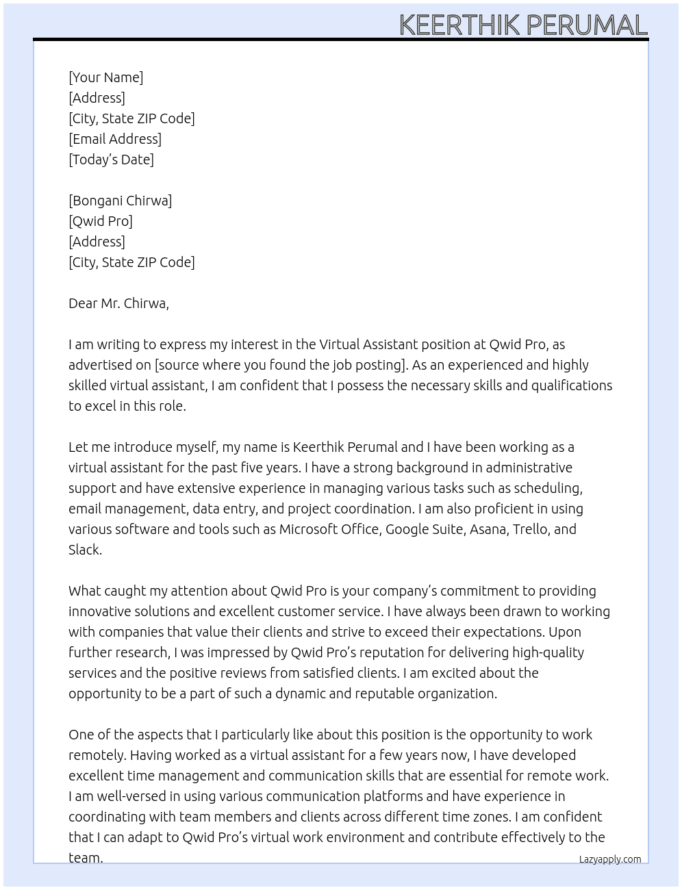 Virtual Assistant At Qwid Pro Cover Letter