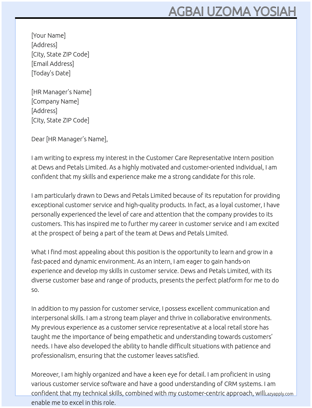 Customer Care Representative Intern At Dews and Petals Limited Cover Letter