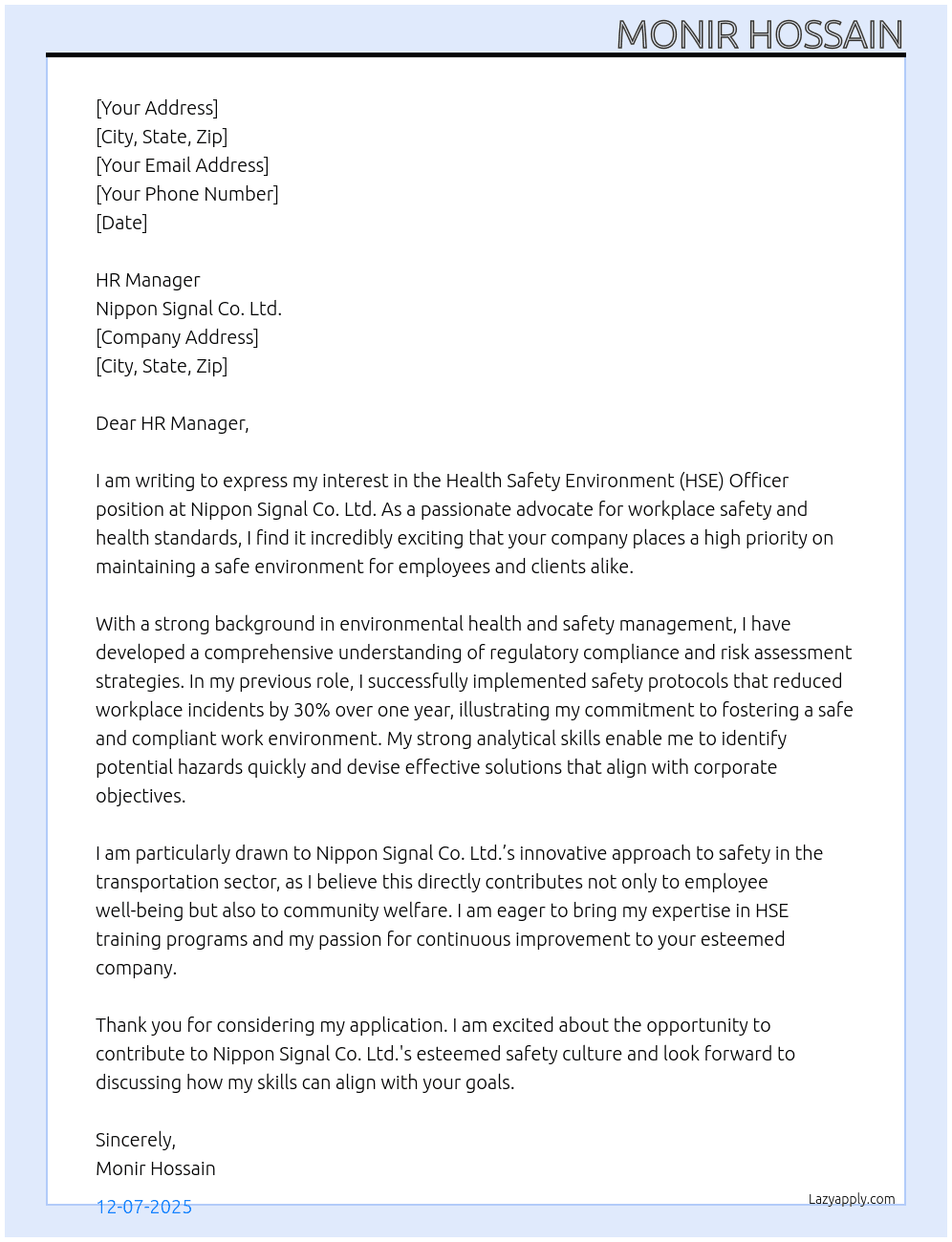 Health Safety Environment (HSE) Officer At Nippon Signal Co. Ltd. Cover Letter