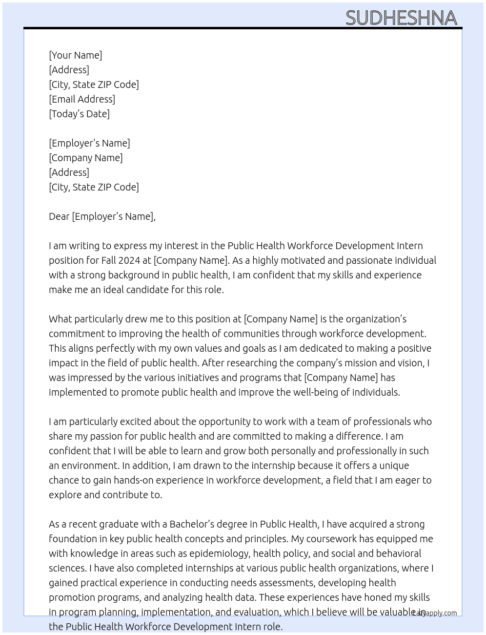 Public Health Workforce Development Intern - Fall 2024 At Public Health Workforce Development Intern - Fall 2024 Cover Letter