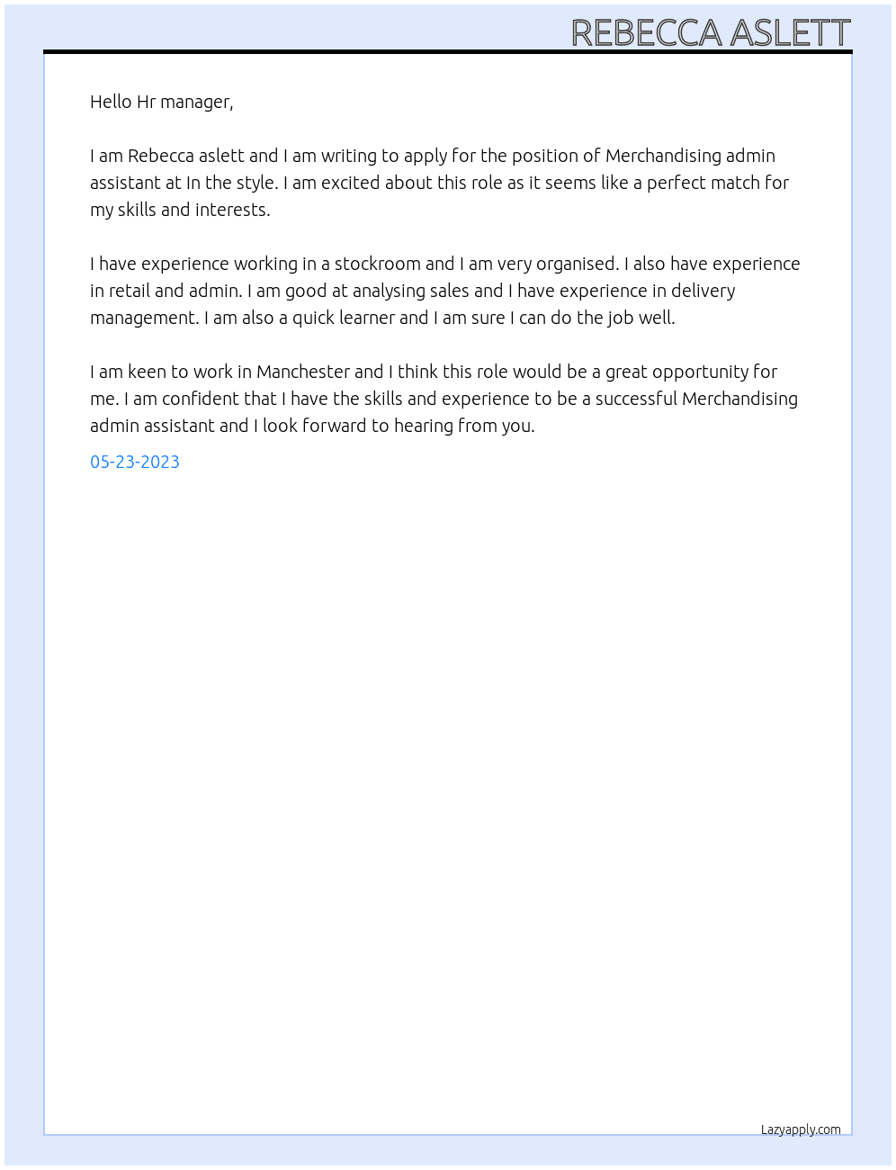 Merchandising admin assistant  At In the style  Cover Letter