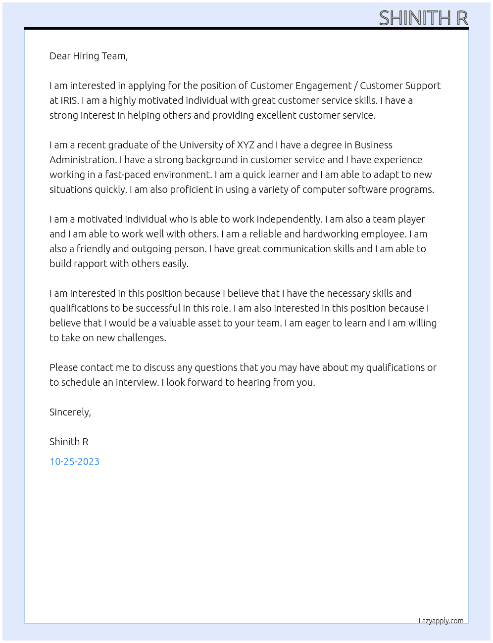 Customer Engagement / Customer Support  At IRIS Cover Letter
