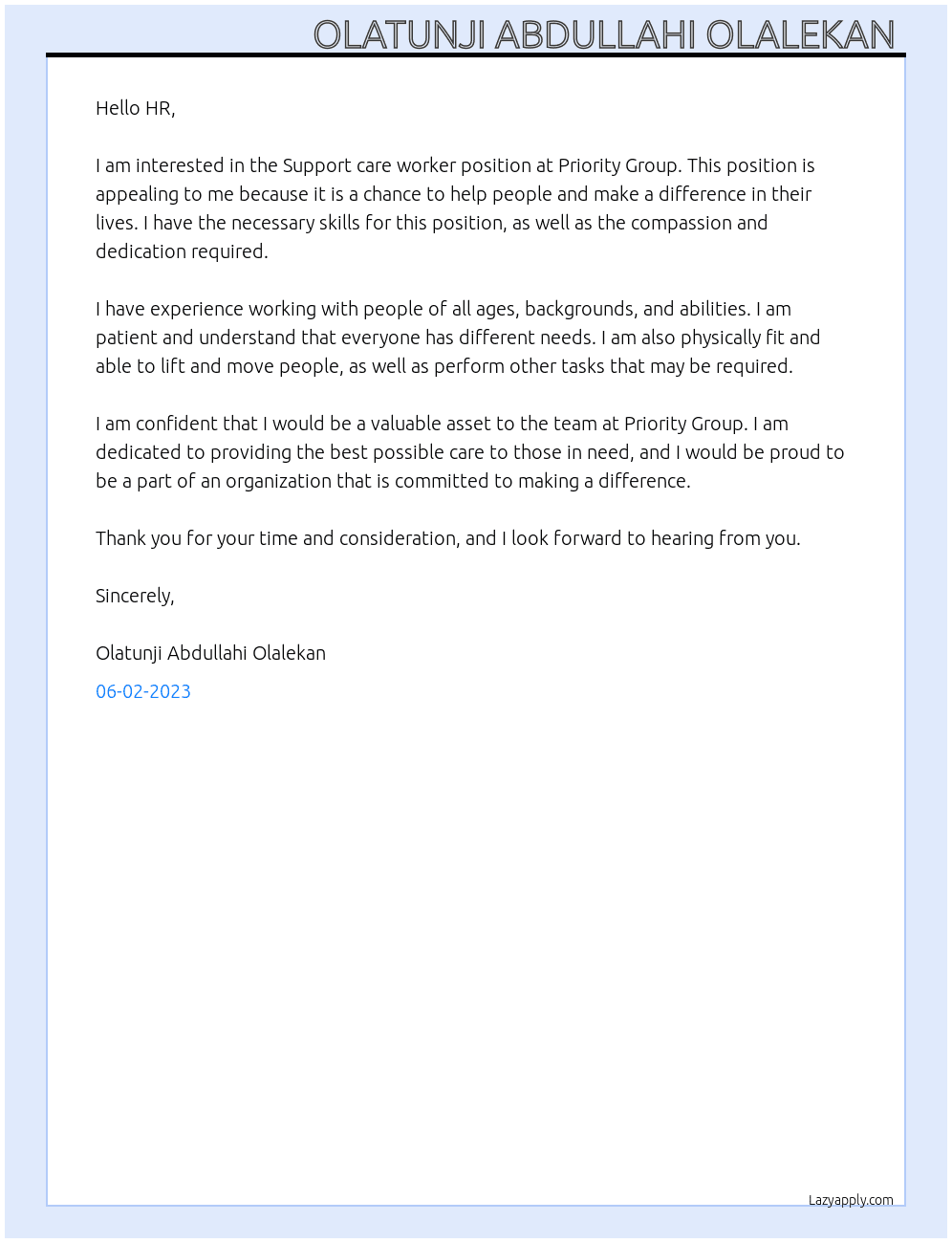 Support care worker  At Priority Group  Cover Letter