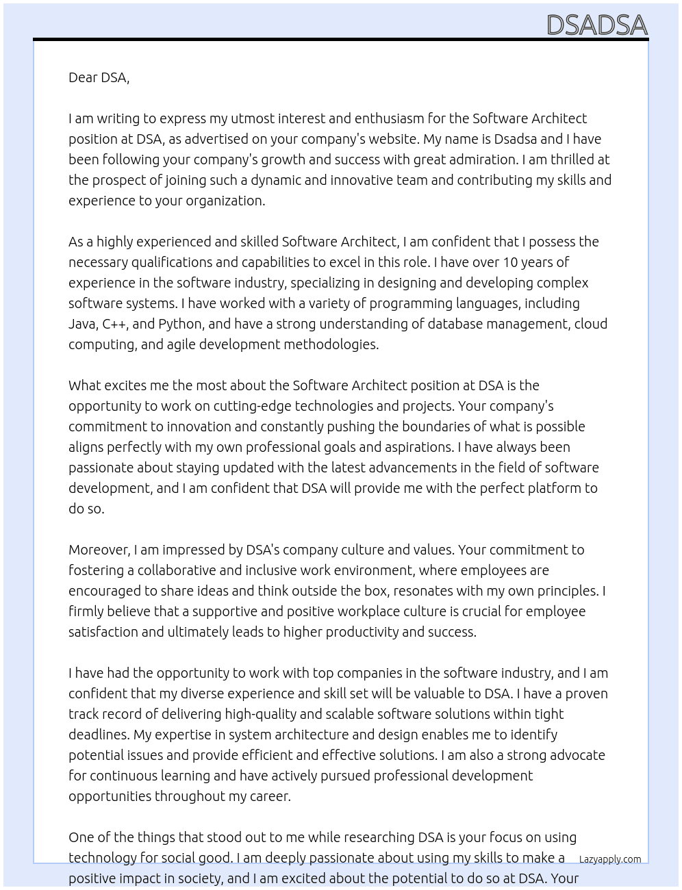Software Architect At dsa Cover Letter