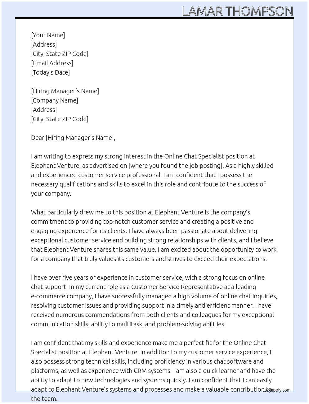 Online Chat Specialist At Elephant Venture Cover Letter