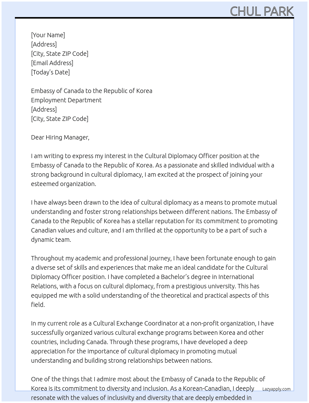 Cultural Diplomacy Officer At Embassy of Canada to the Republic of Korea Cover Letter