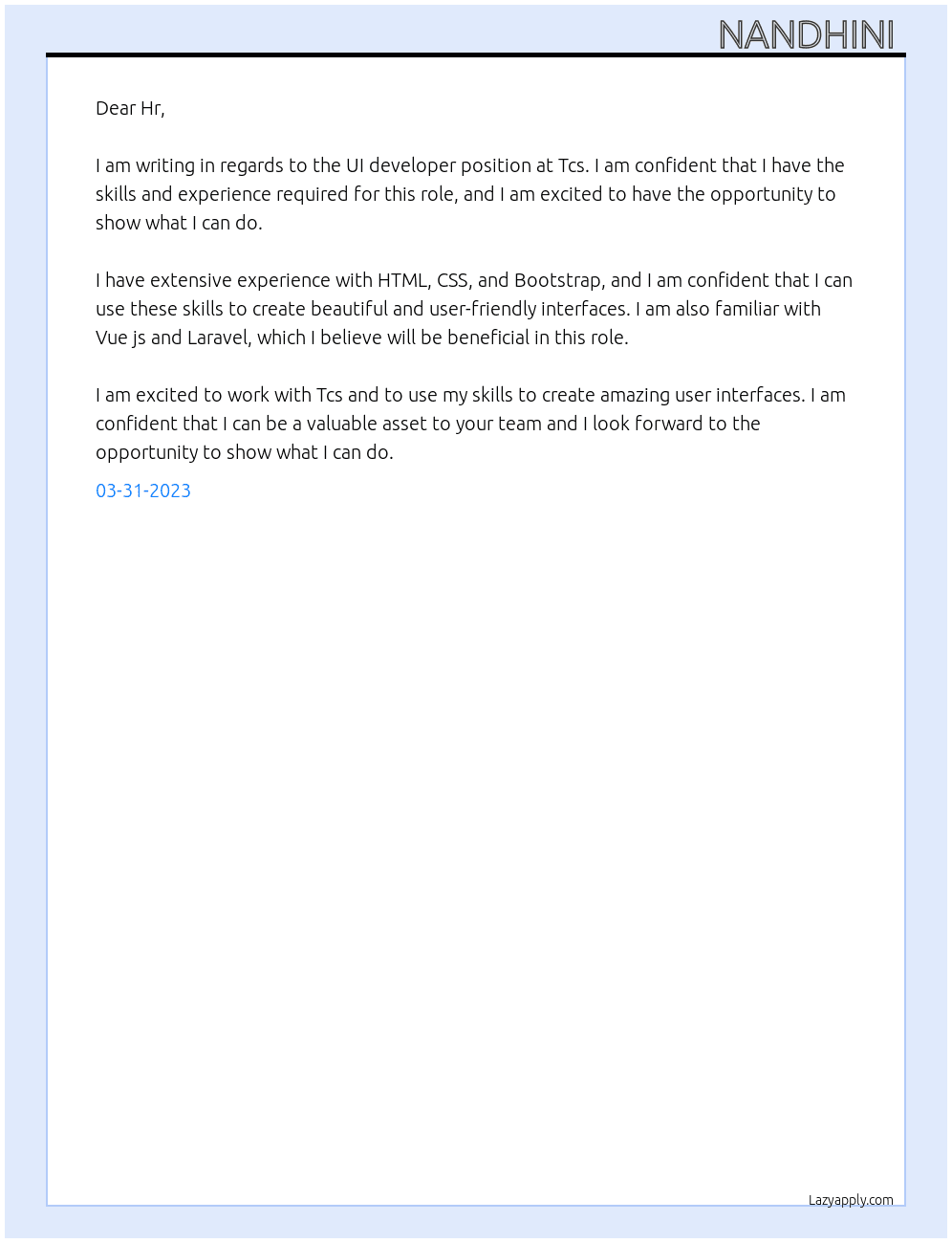 UI developer  At Tcs Cover Letter
