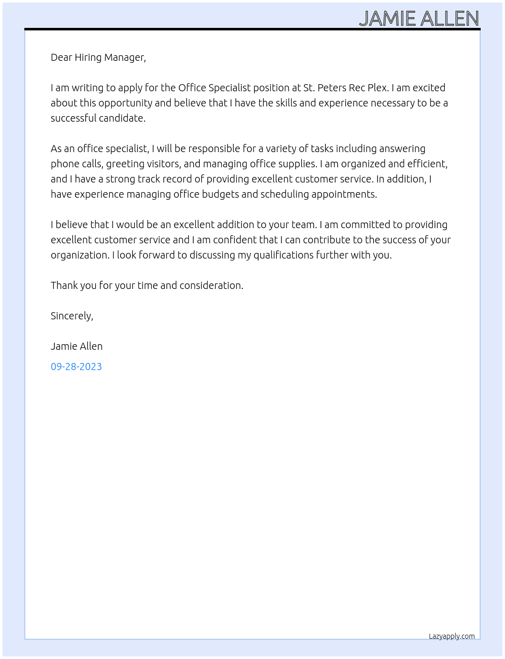 Office Specialist At St. Peters Rec Plex Cover Letter