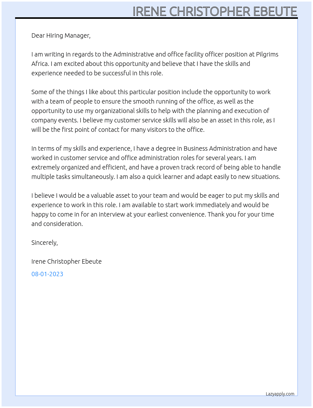 Administrative and office facility officer  At Pilgrims Africa  Cover Letter
