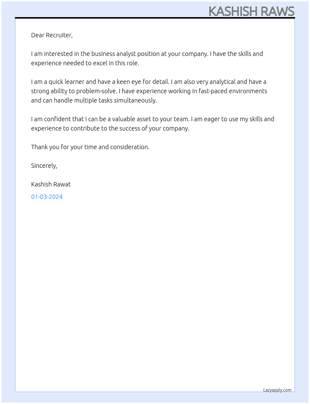 business analyst At idk Cover Letter