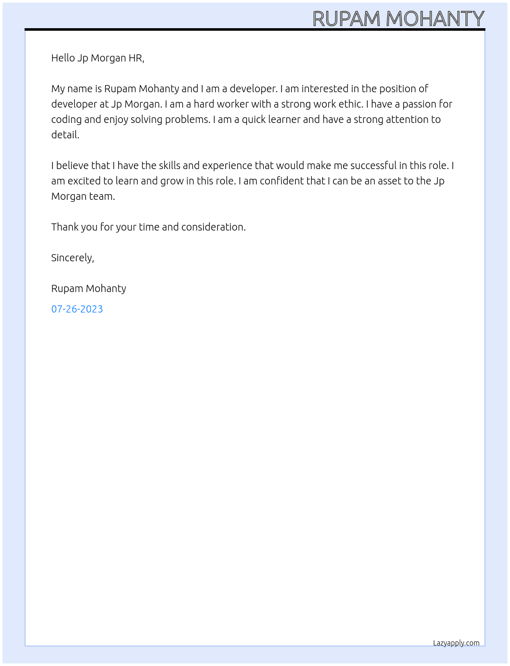 devloper At Jp Morgan Cover Letter