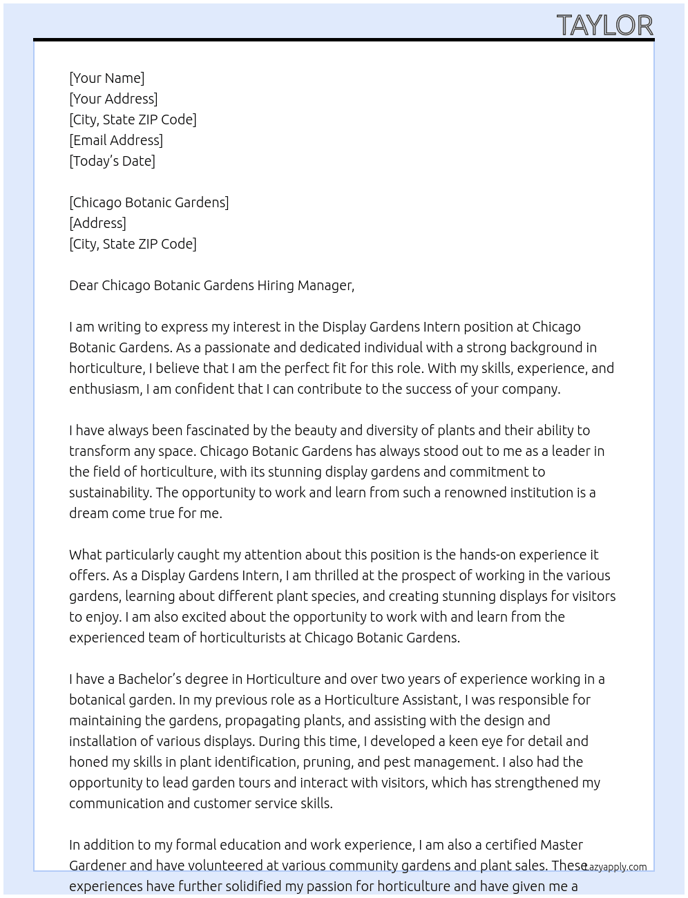 Display Gardens Intern At Chicago Botanic Gardens  Cover Letter