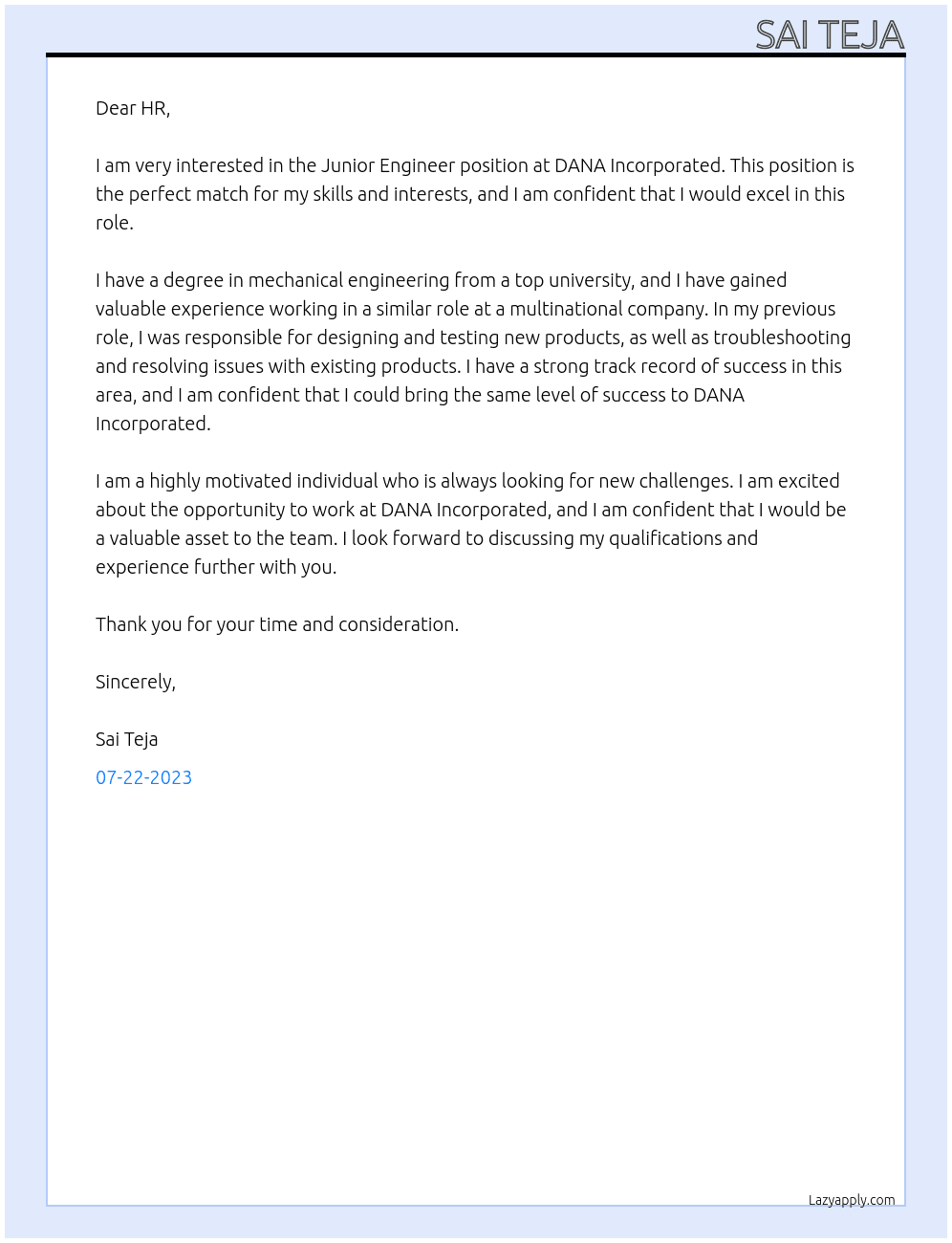 Junior Engineer At DANA Incorporated Cover Letter